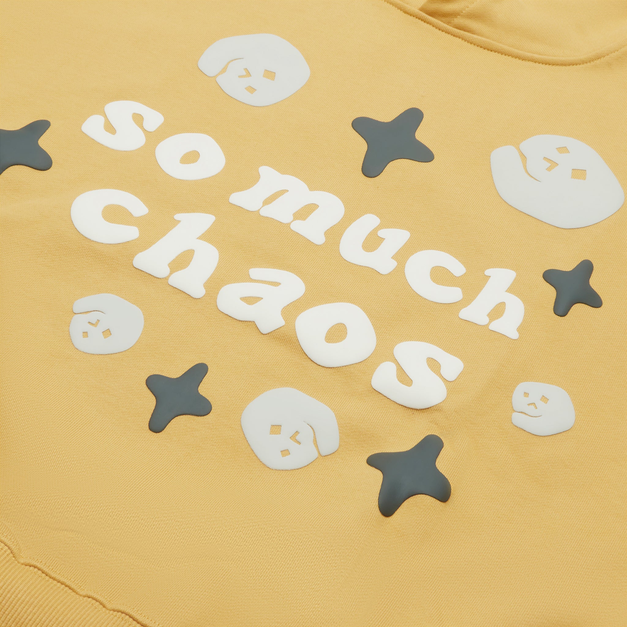 Front logo view of Broken Planet So Much Chaos Mustard Yellow Hoodie BP-SMC-HD-MUSTARD